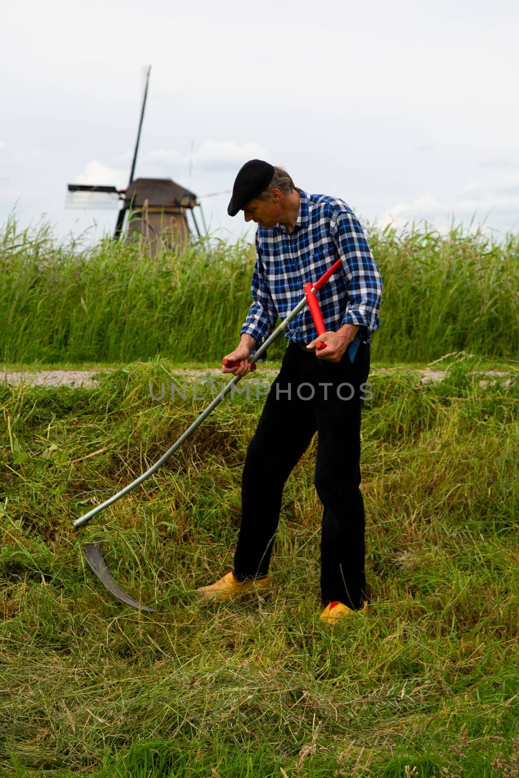 Kinderdijk, Zuid - Holland, The Netherlands - June 9, 2019  Miller mowing the grass in Kinderdijk, the Netherlands..