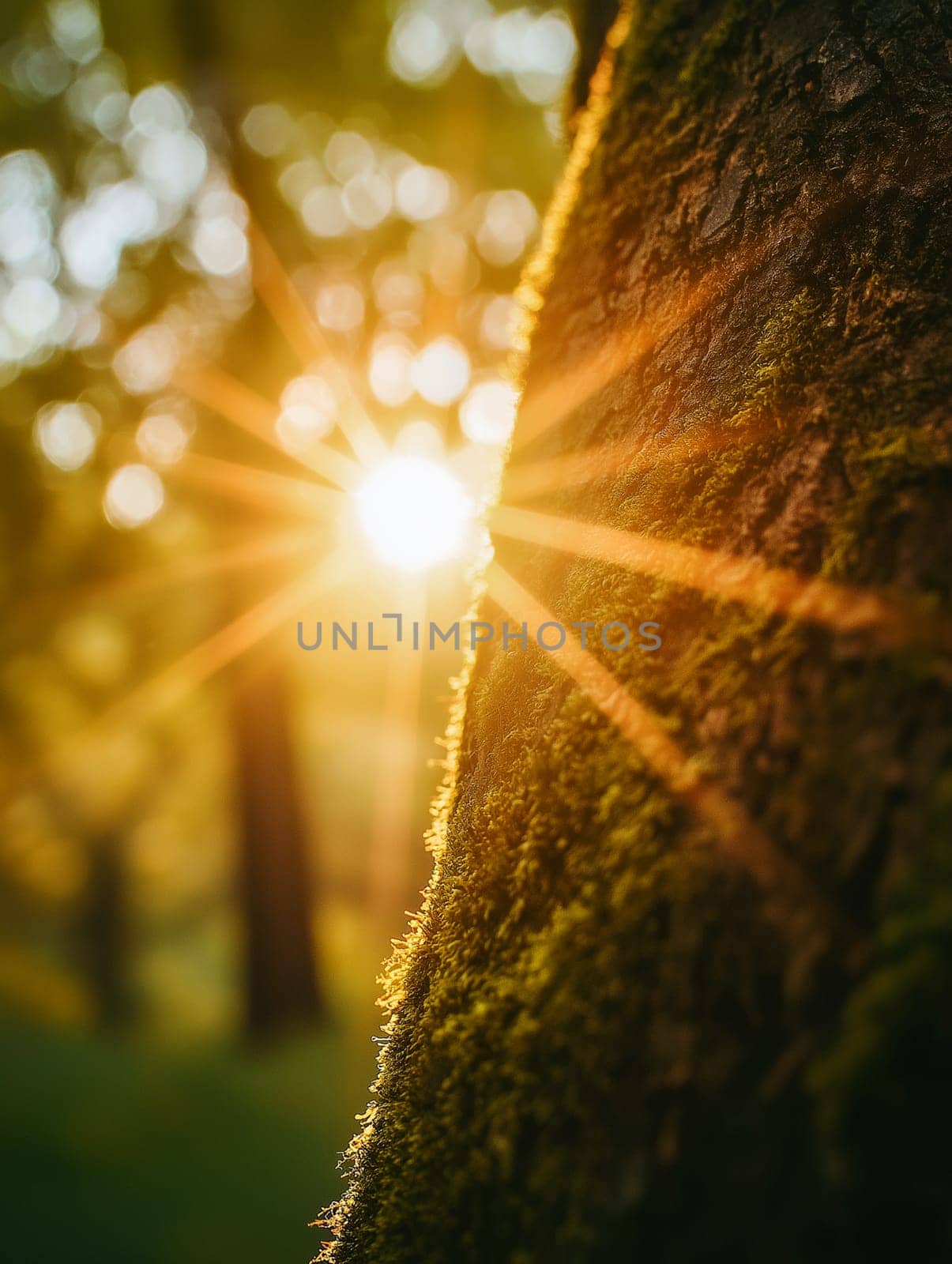 Sunlight streams through trees, illuminating mossy tree bark. Golden rays highlight the texture.