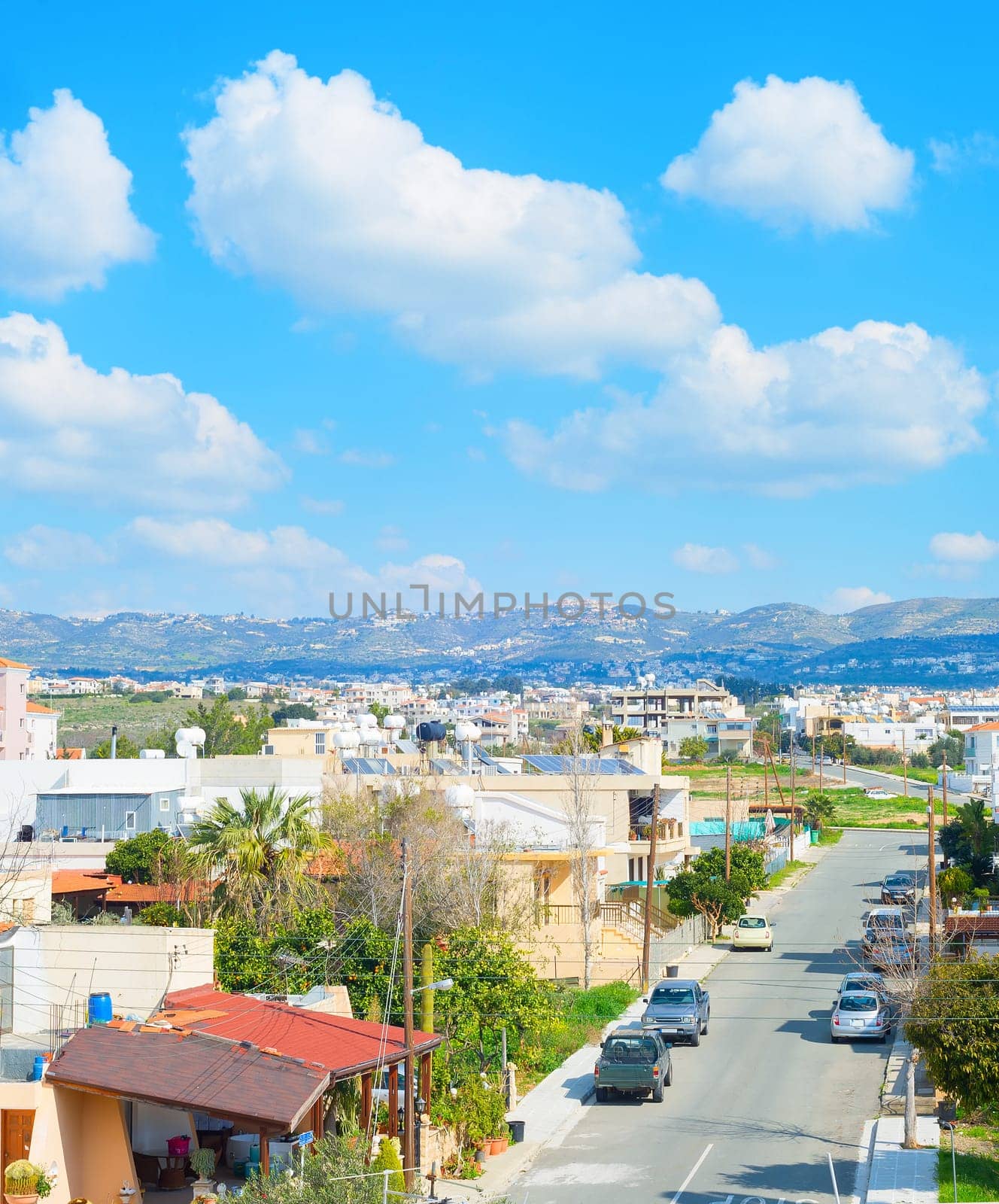 Skyline of Paphos, road and mountains, Cyprus
