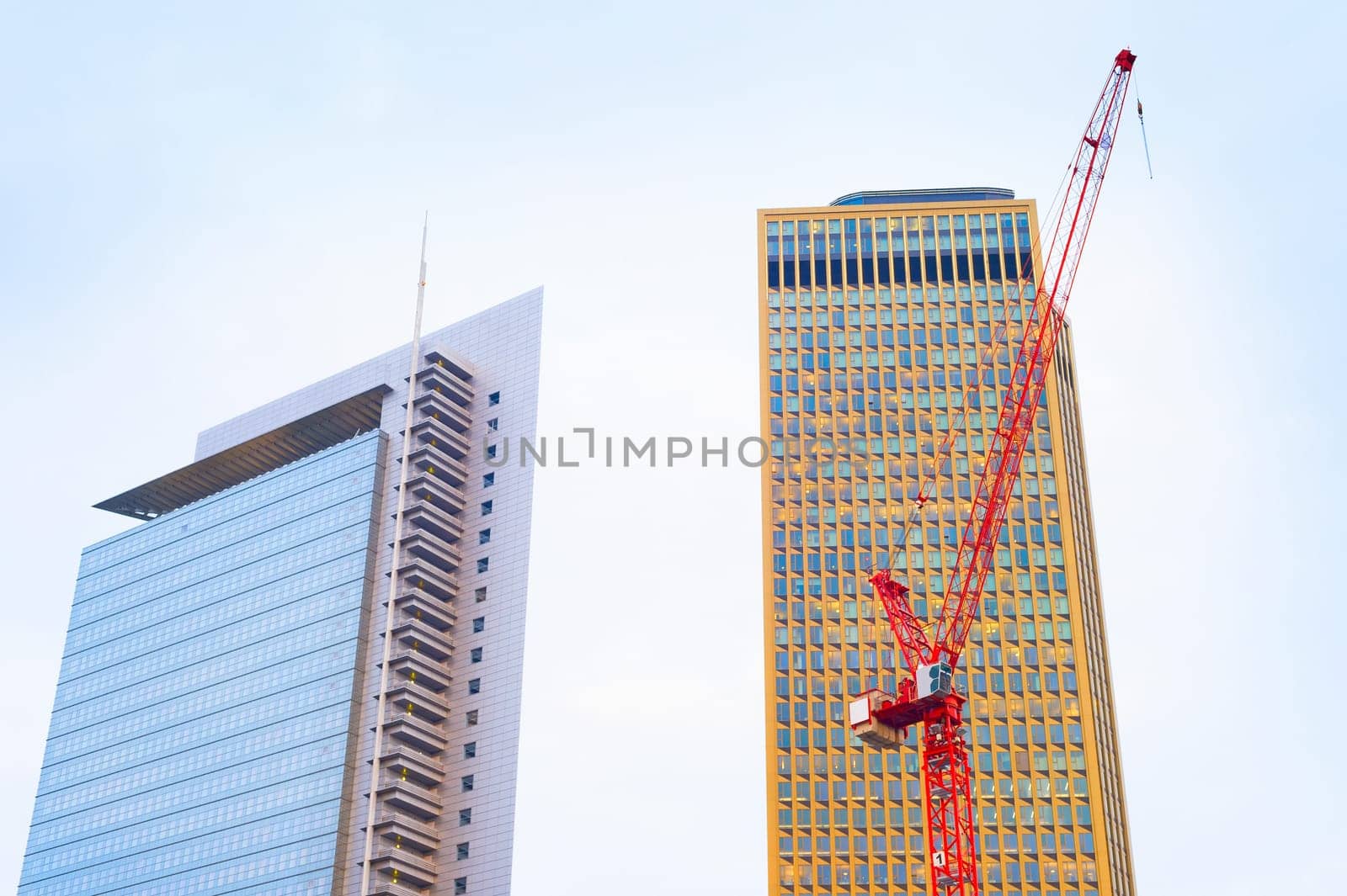 Construction of modern skyscrapers in progress. Frankfurt, Germany