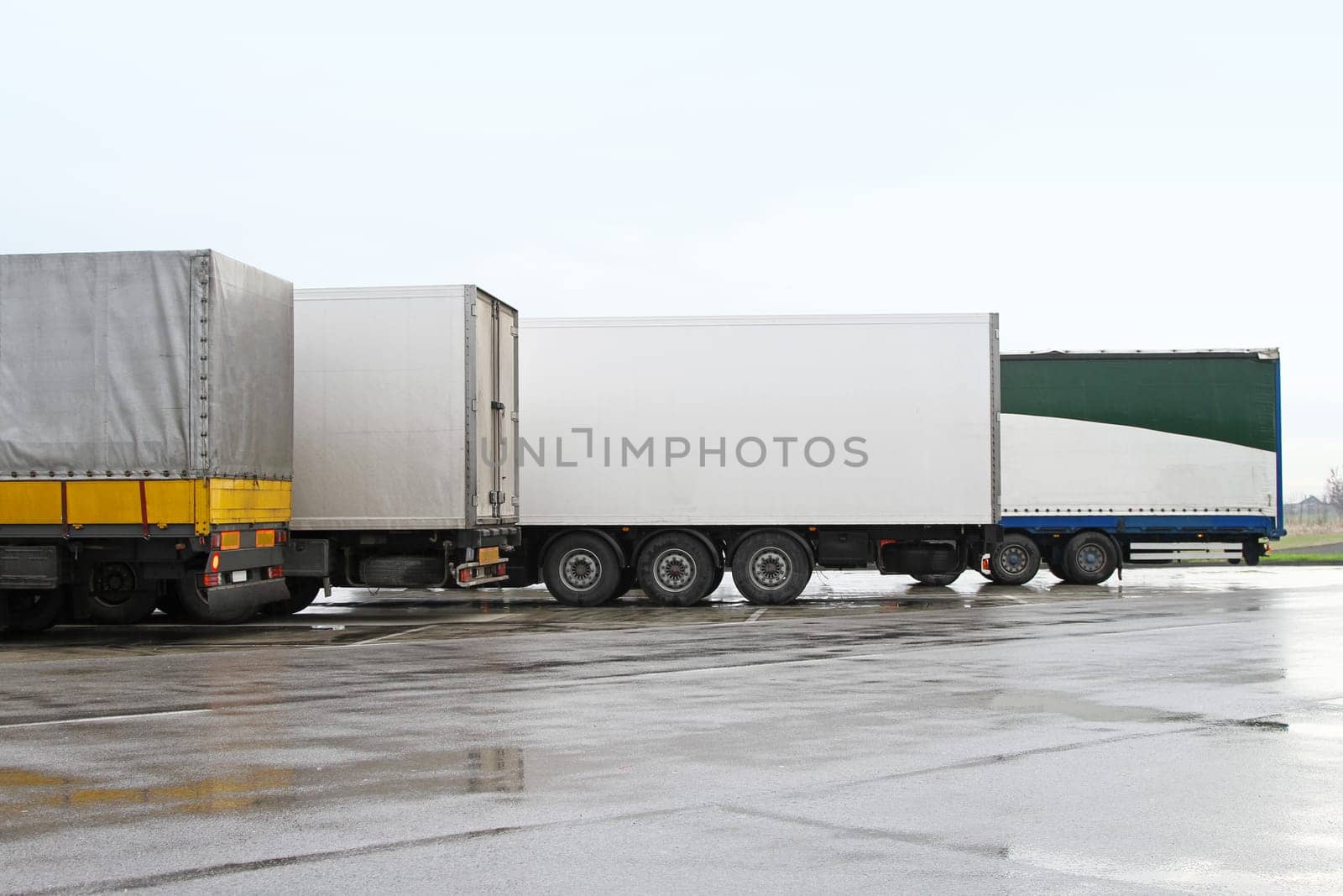 Several heavy weight lorry trailers at parking