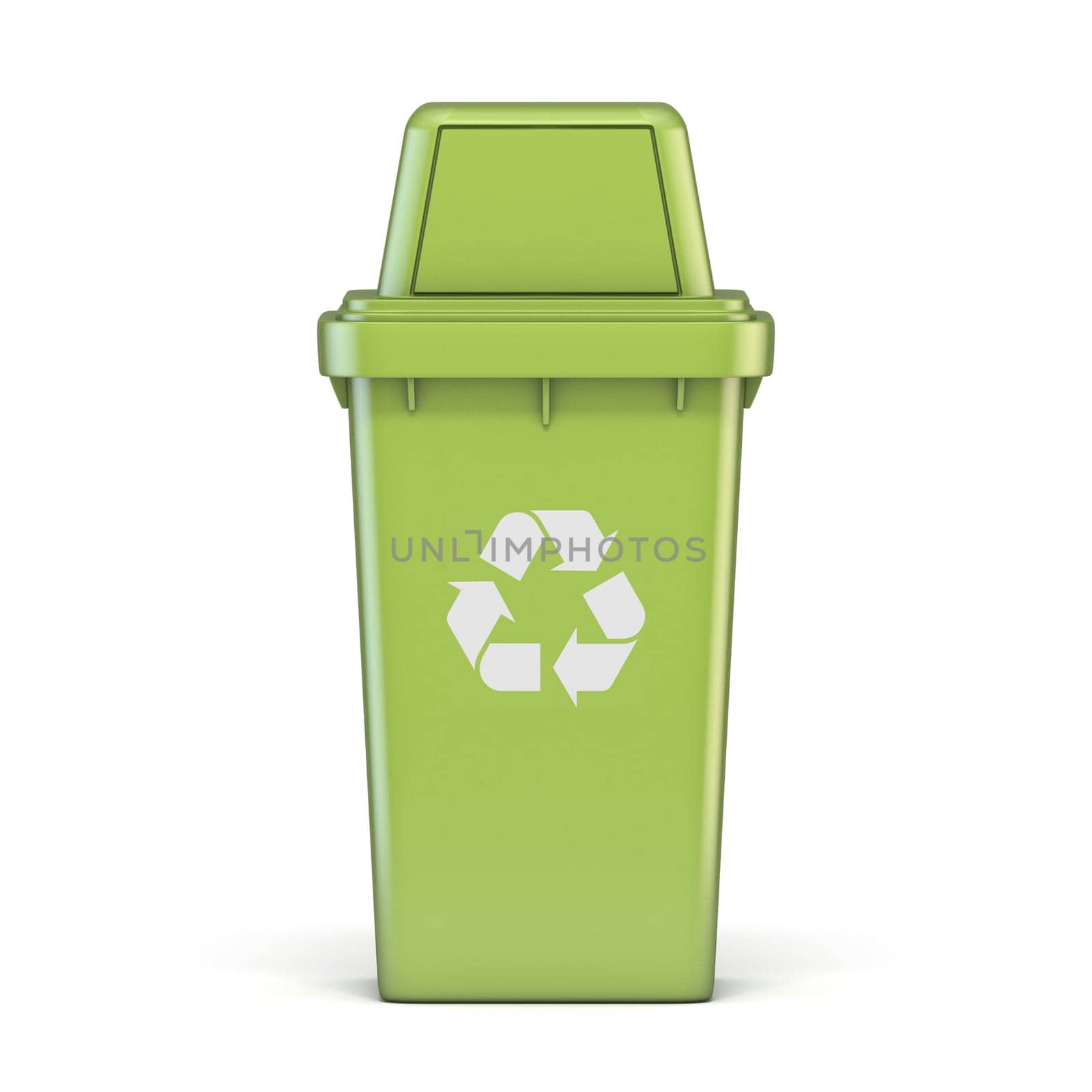 Green plastic recycle bin 3D render illustration isolated on white background