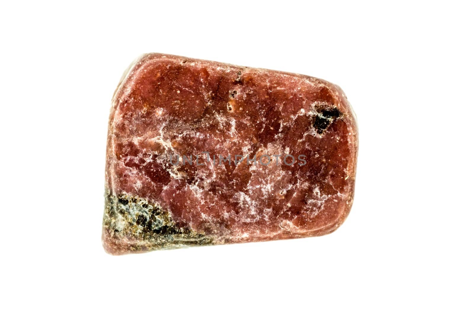 Rhodonite gemstone cut out on white background