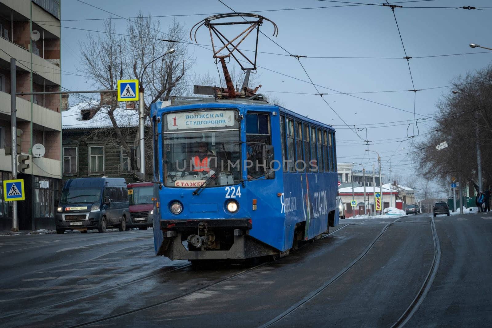 IRKUTSK, RUSSIA - FEBUARY 26, 2020 : View of streets and the subway of Irkutsk city downtown by winter. Irkoutsk is the capital of Siberia in Russia.