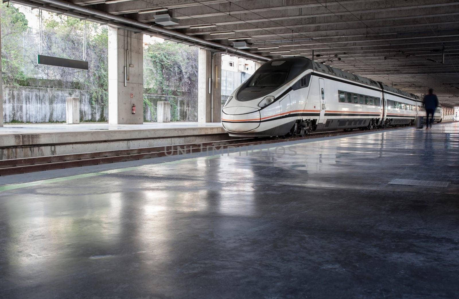 Traveller with suitcase getting close to train at european high-speed rail station. Travel on train concept