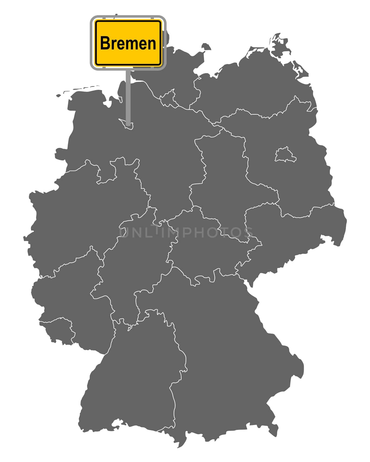 Landkarte von Deutschland mit Ortsschild von Bremen