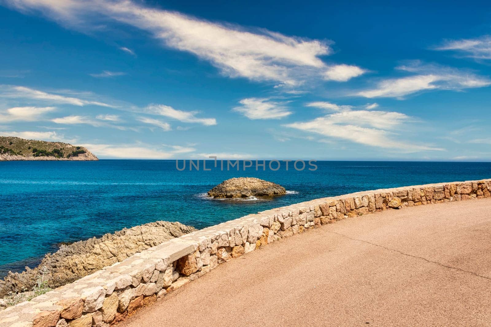 Beautiful view of the Mediterranean Sea with the rocky coast on the Spanish Balearic island Mallorca near cala ratjada