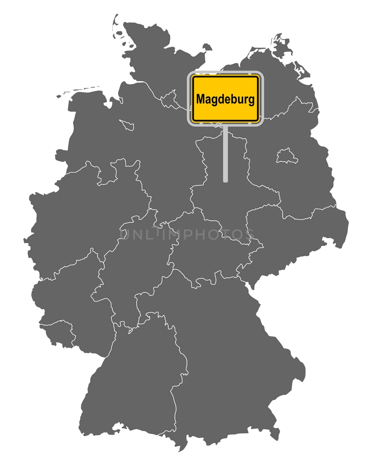 Landkarte von Deutschland mit Ortsschild von Magdeburg