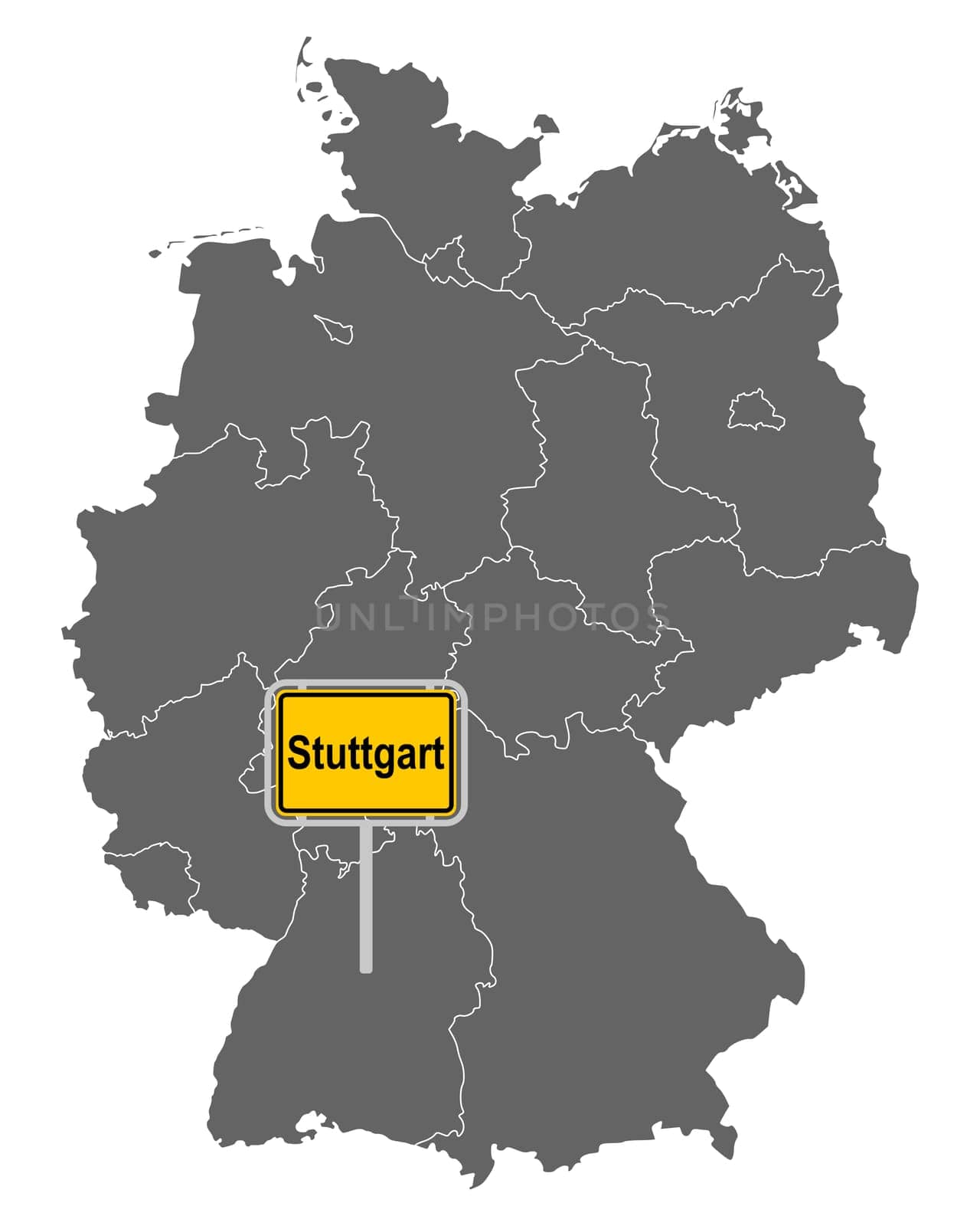 Landkarte von Deutschland mit Ortsschild von Stuttgart