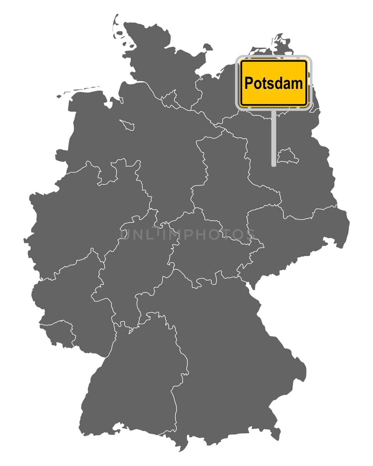 Landkarte von Deutschland mit Ortsschild von Potsdam