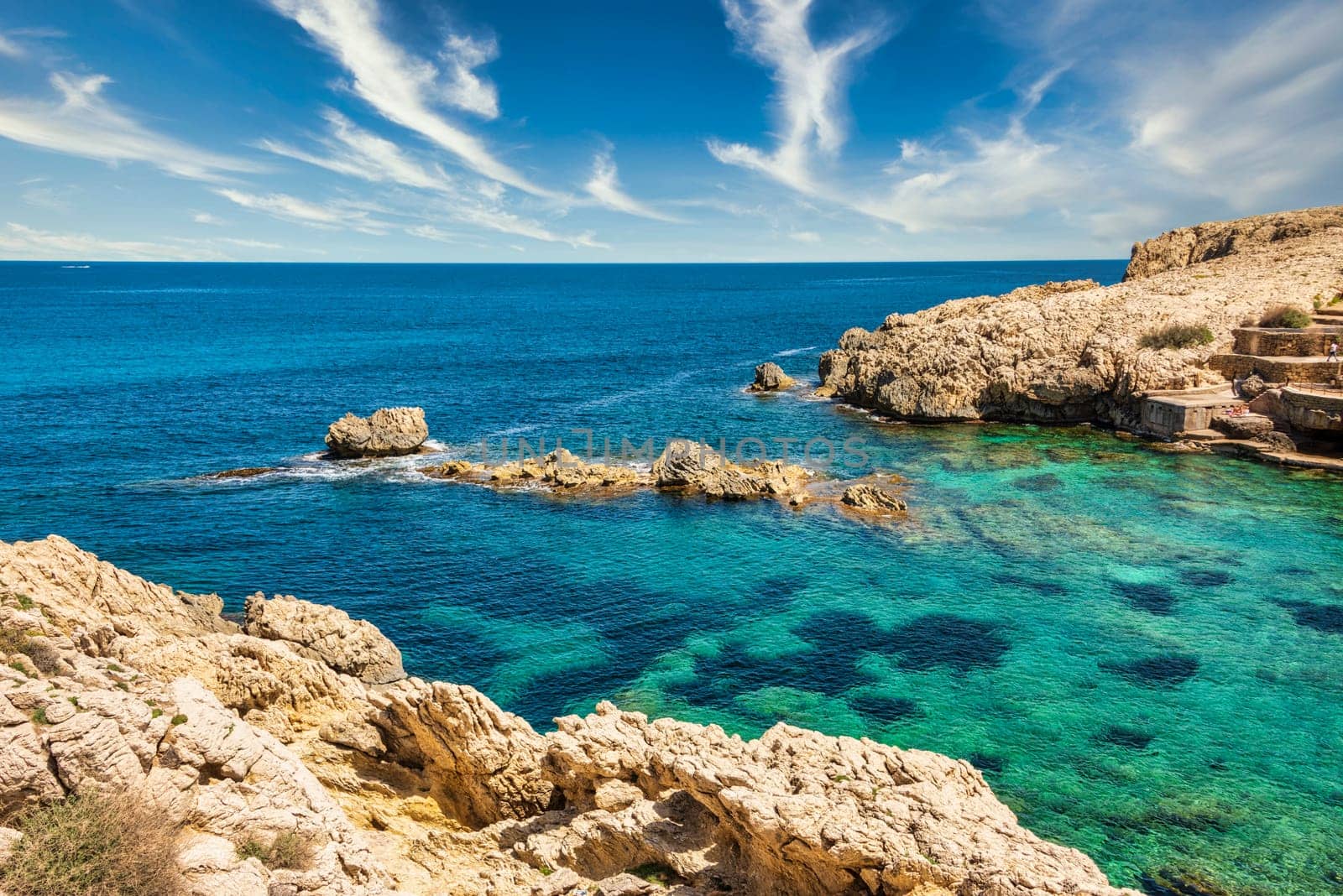 Beautiful view of the Mediterranean Sea with the rocky coast on the Spanish Balearic island Mallorca near cala ratjada