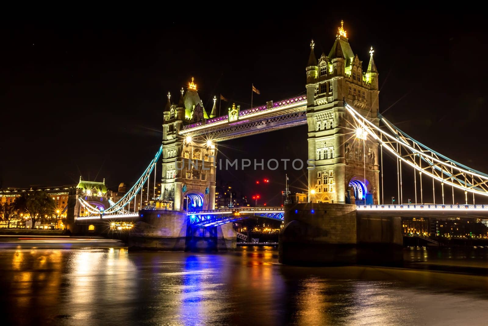 Tower Bridge in London, UK, United Kingdom. Europe. Long exposure and night shot.