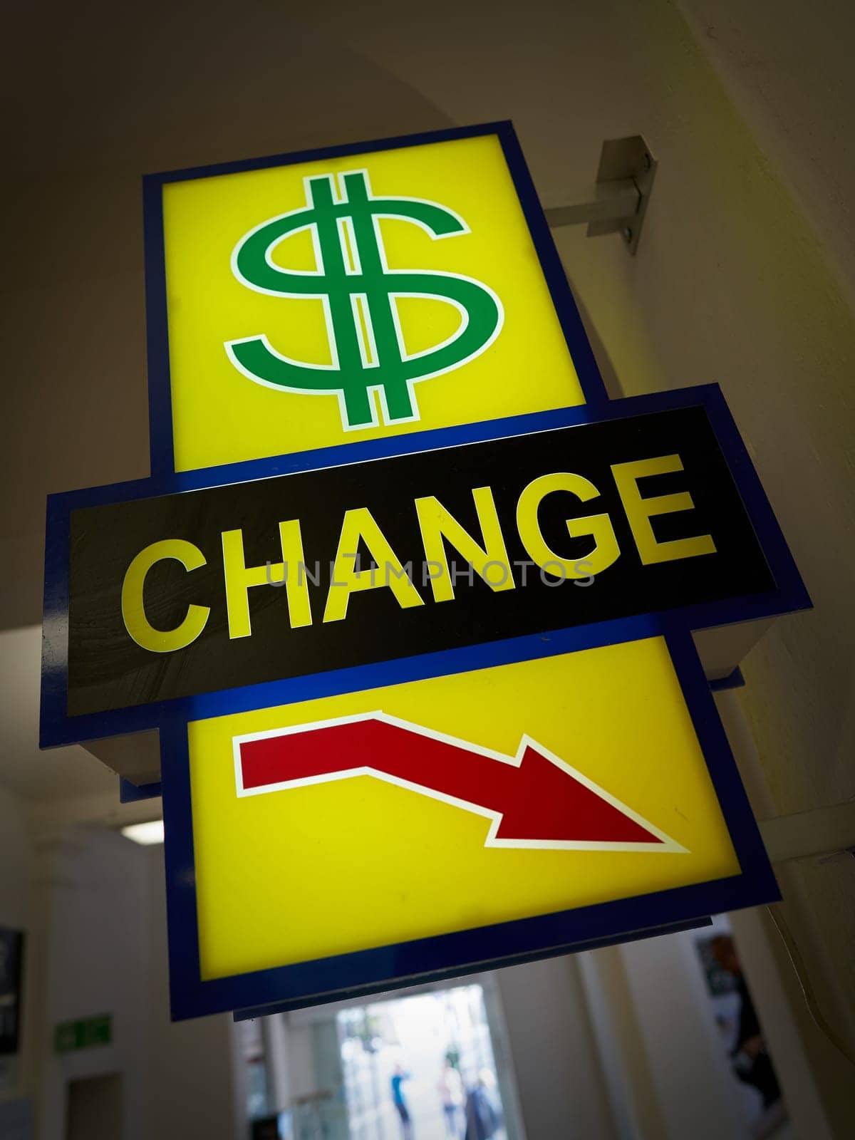 neon sign of an exchange office in front of a shopping centre in Karlovy Vary in the Czech Republic