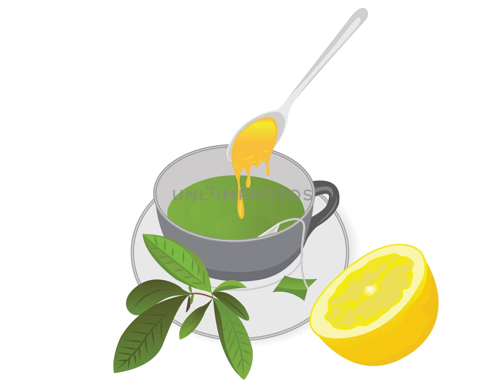 A cup of tea with a lemon, honey and a tea brunch leaves vector illustration on a white background