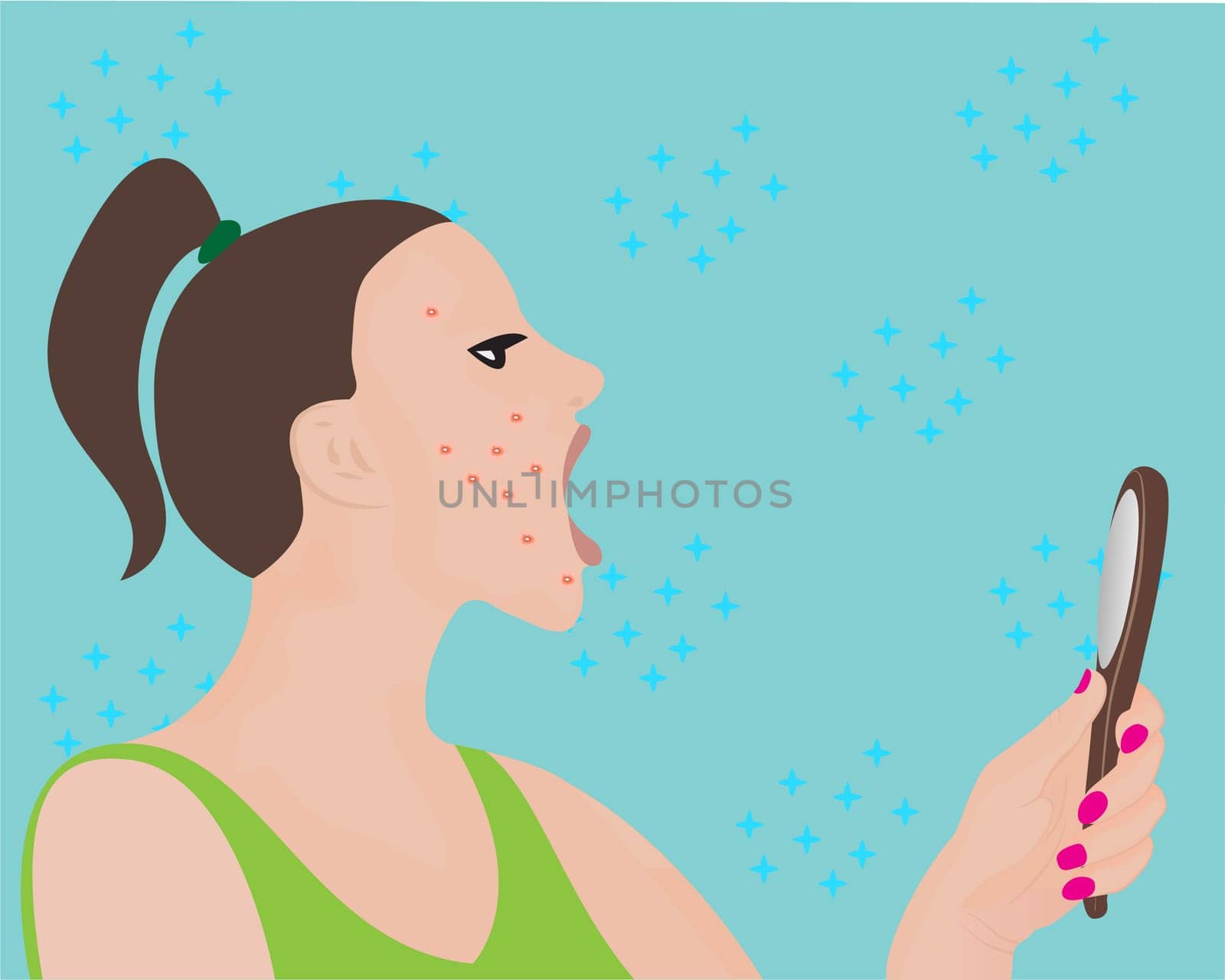 A young woman looking at a mirror and scared with acne on her face vector illustration