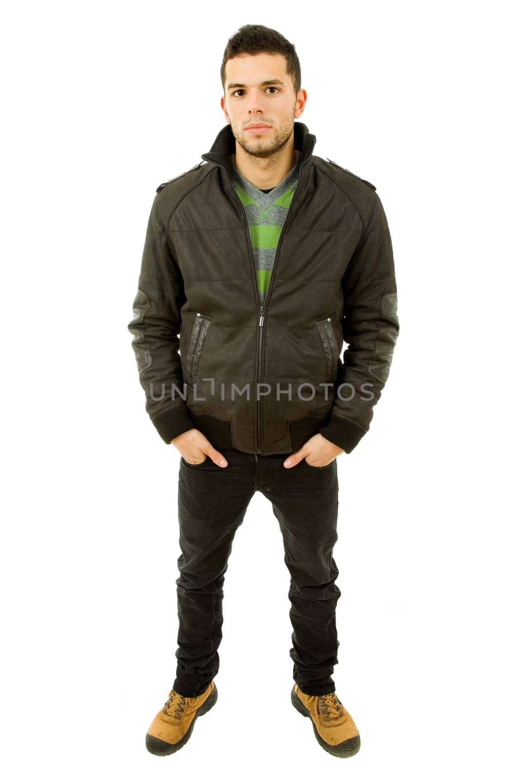 young casual man full body in a white background