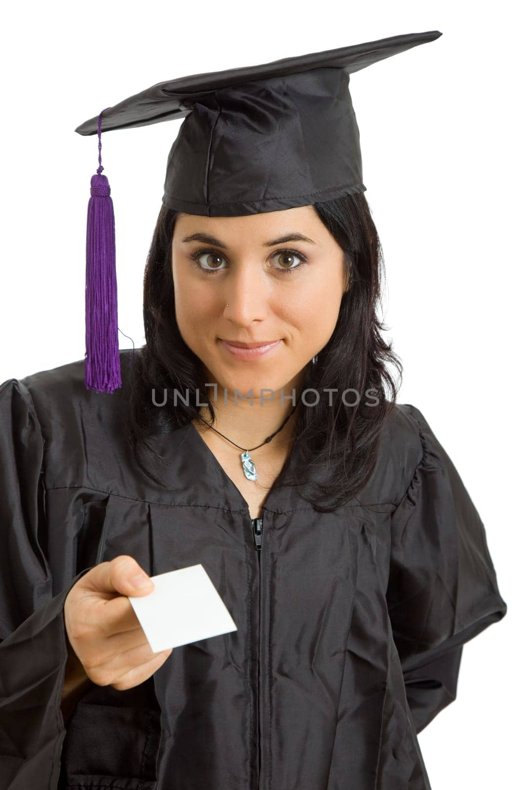 happy young woman on graduation day, isolated on white