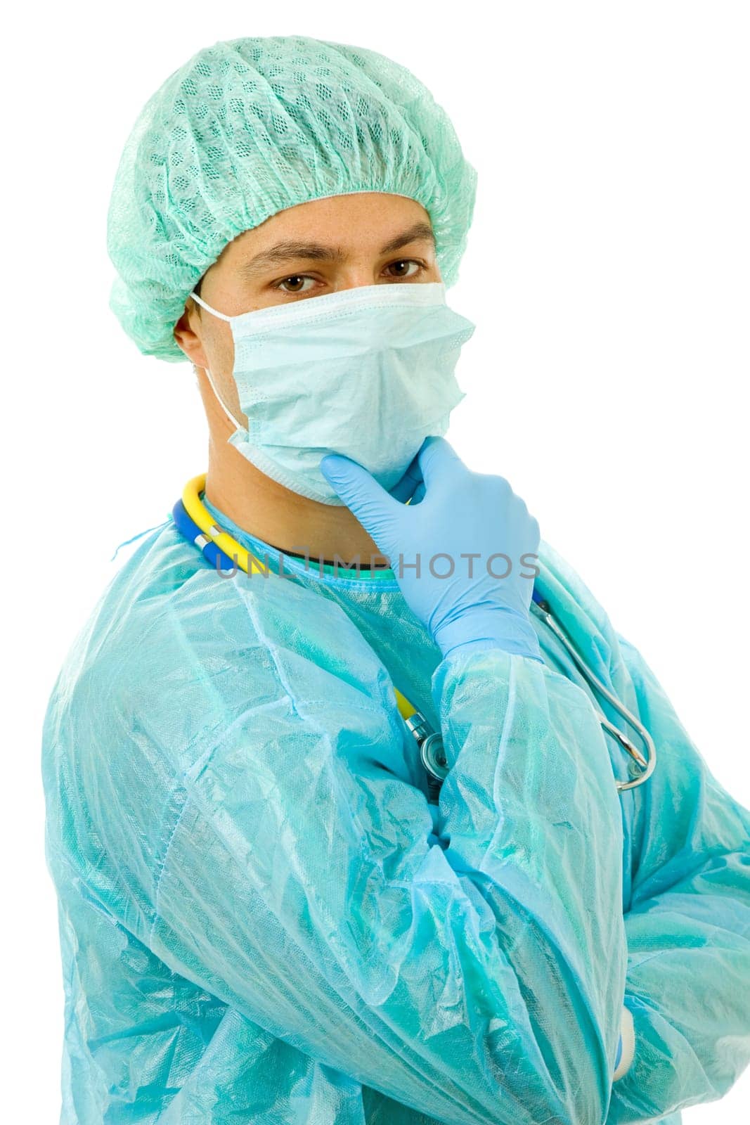 young male doctor, isolated on white background