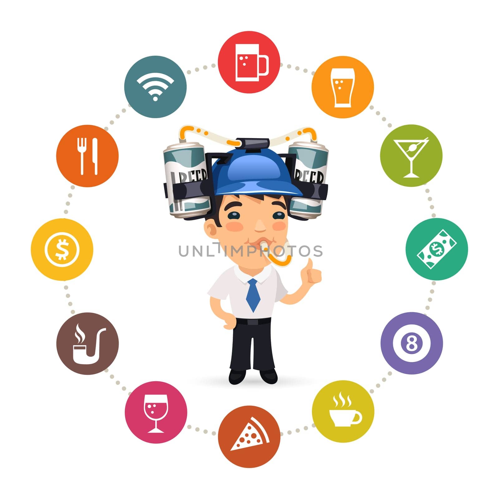 Manager with Blue Beer Helmet on His Head and Pub Icons Set. Isolated on White Background. Clipping paths included in additional jpg format.
