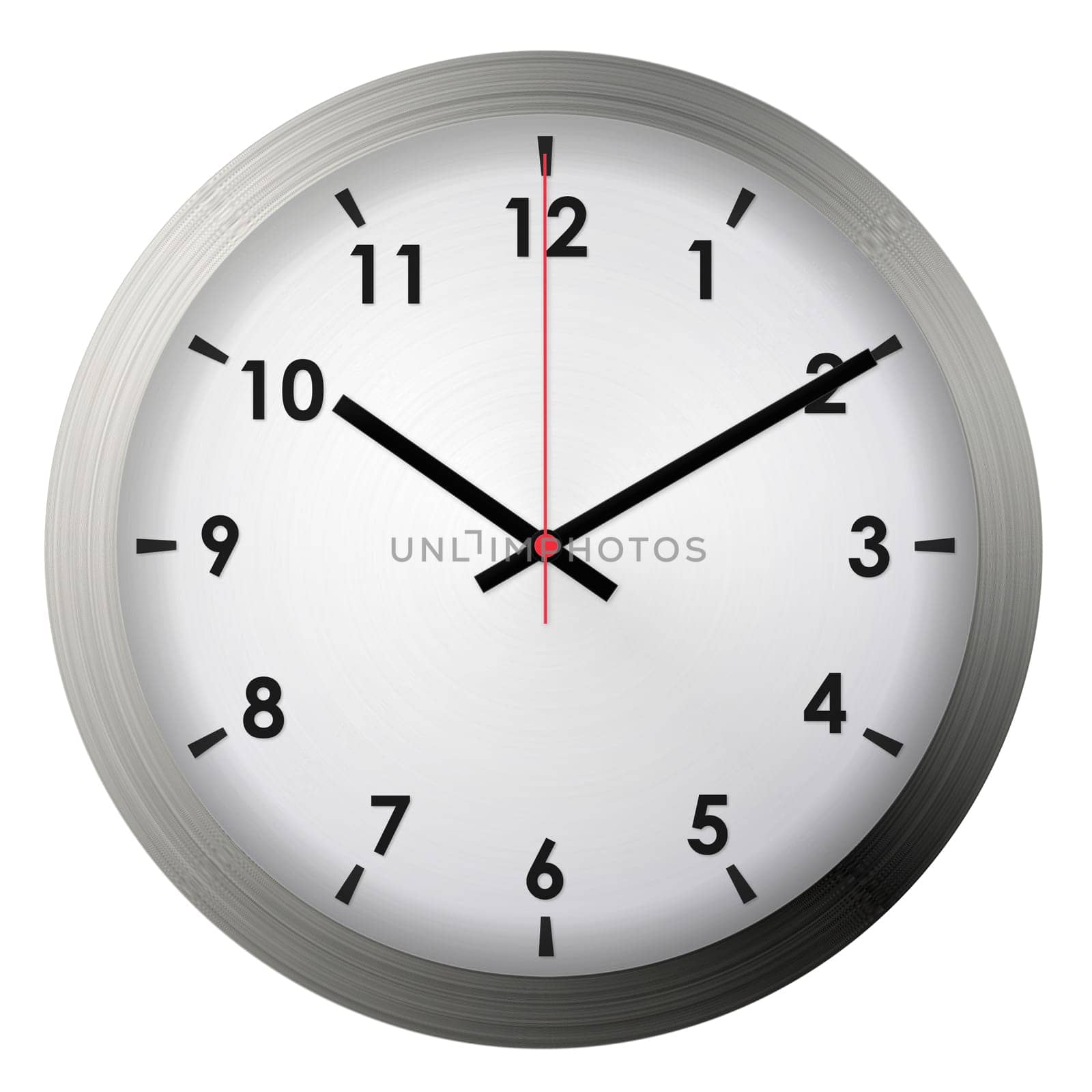 Analog metal wall clock isolated on white background.