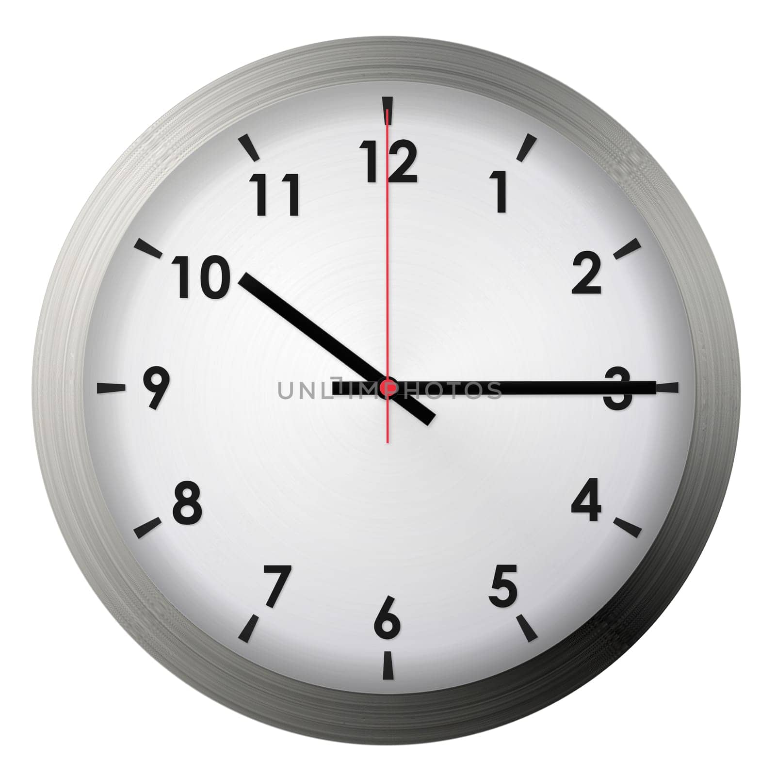 Analog metal wall clock isolated on white background.