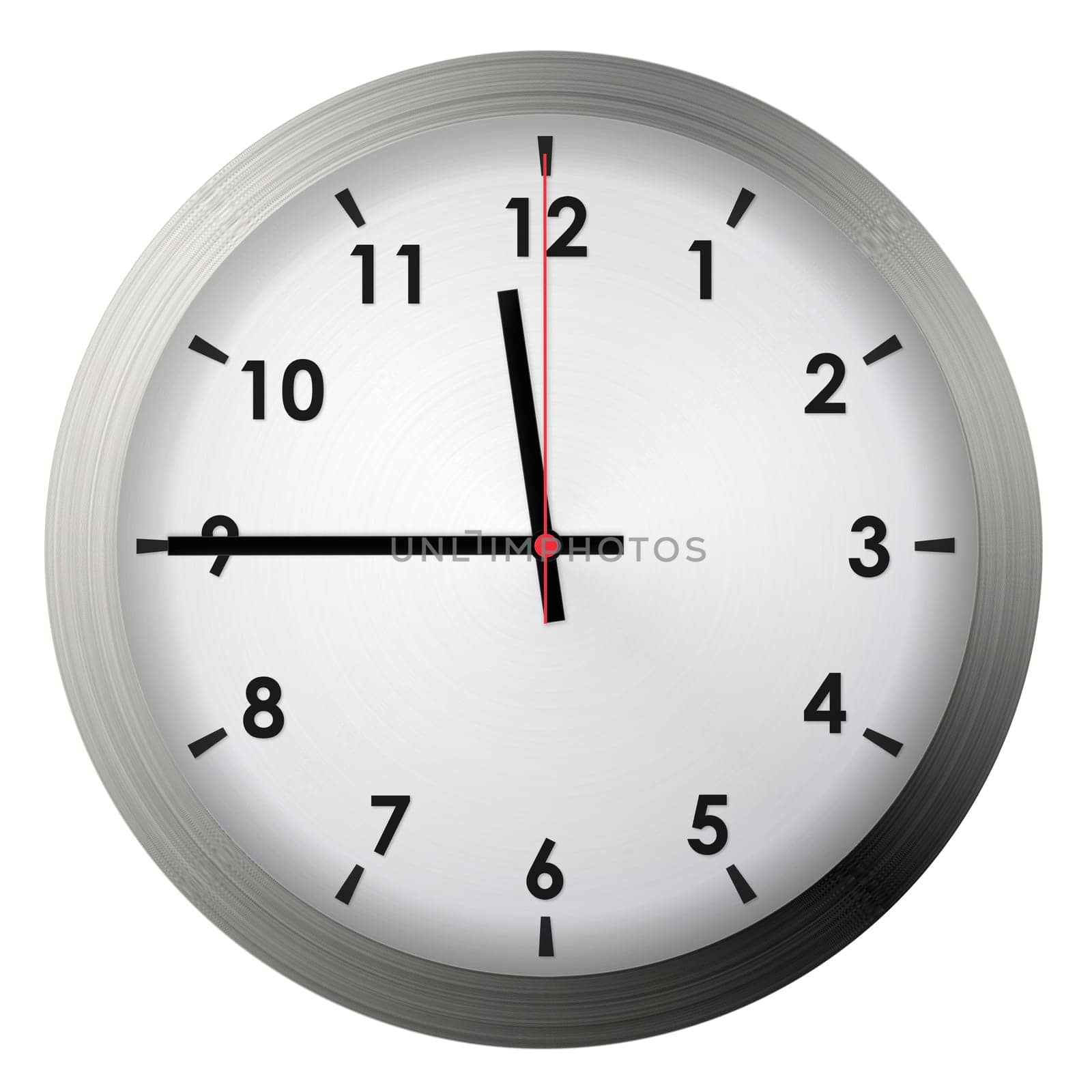 Analog metal wall clock isolated on white background.