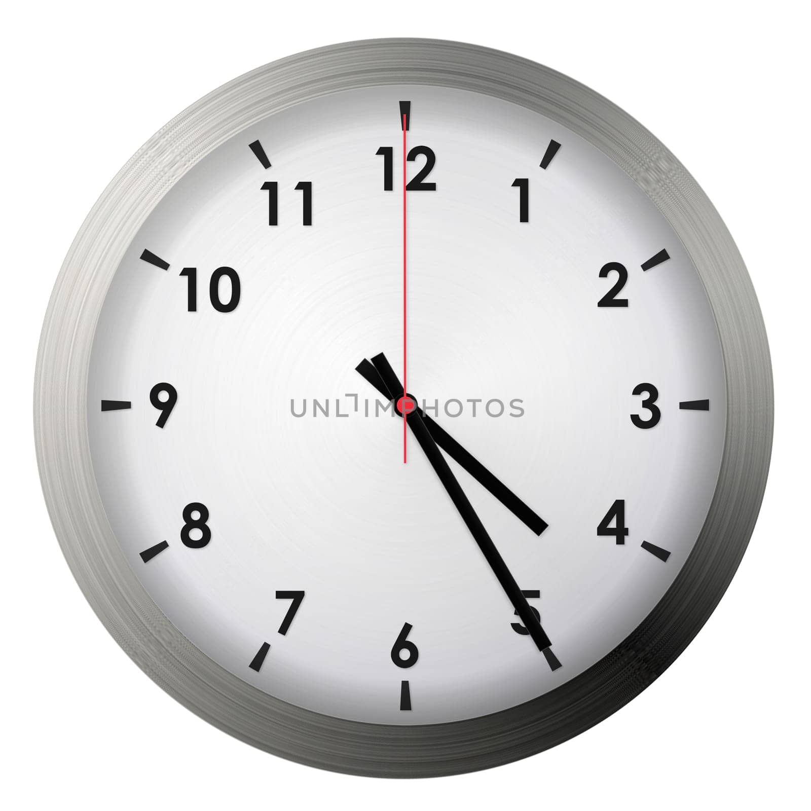 Analog metal wall clock isolated on white background.