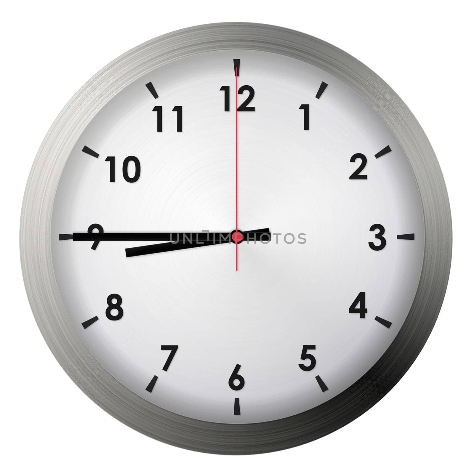 Analog metal wall clock isolated on white background.