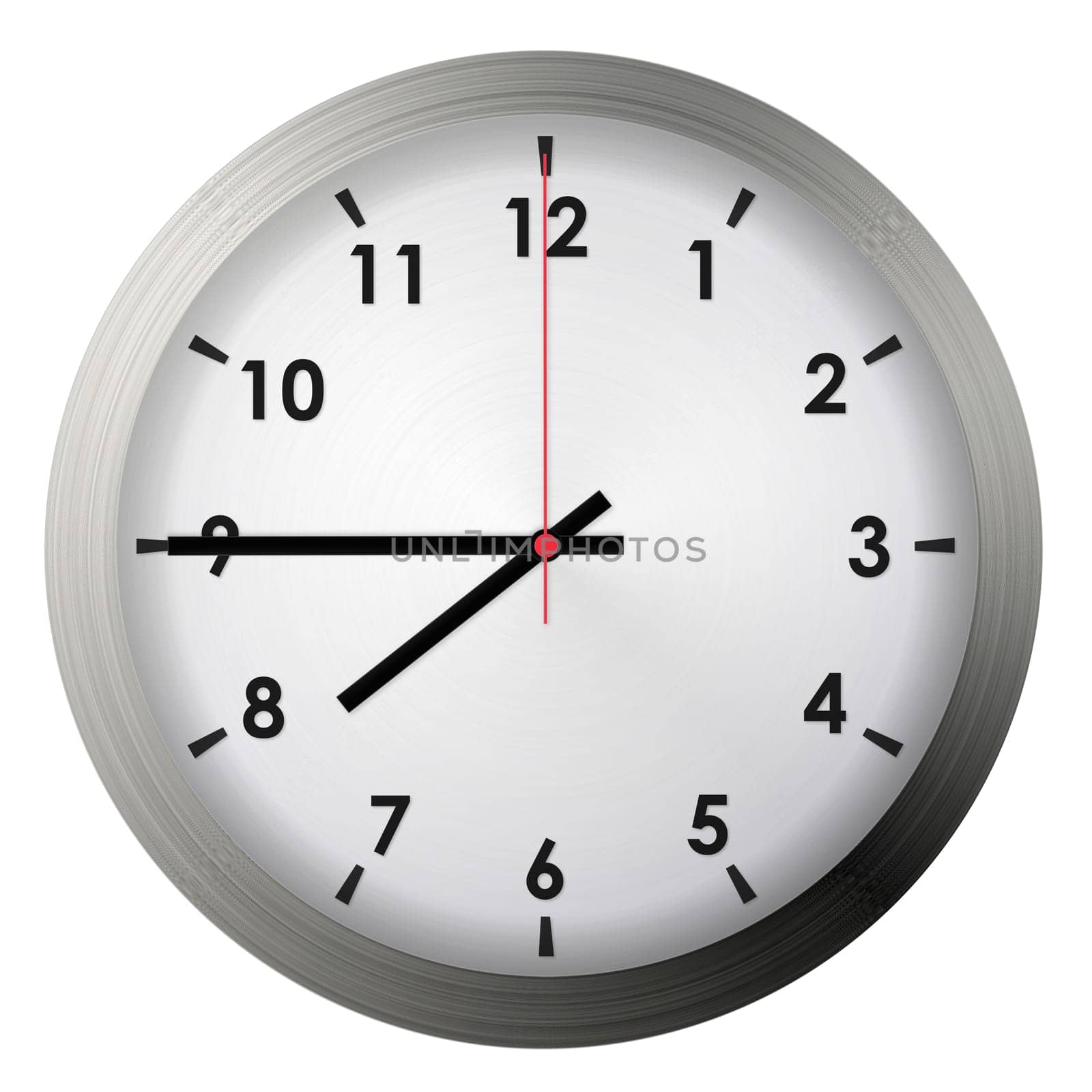 Analog metal wall clock isolated on white background.