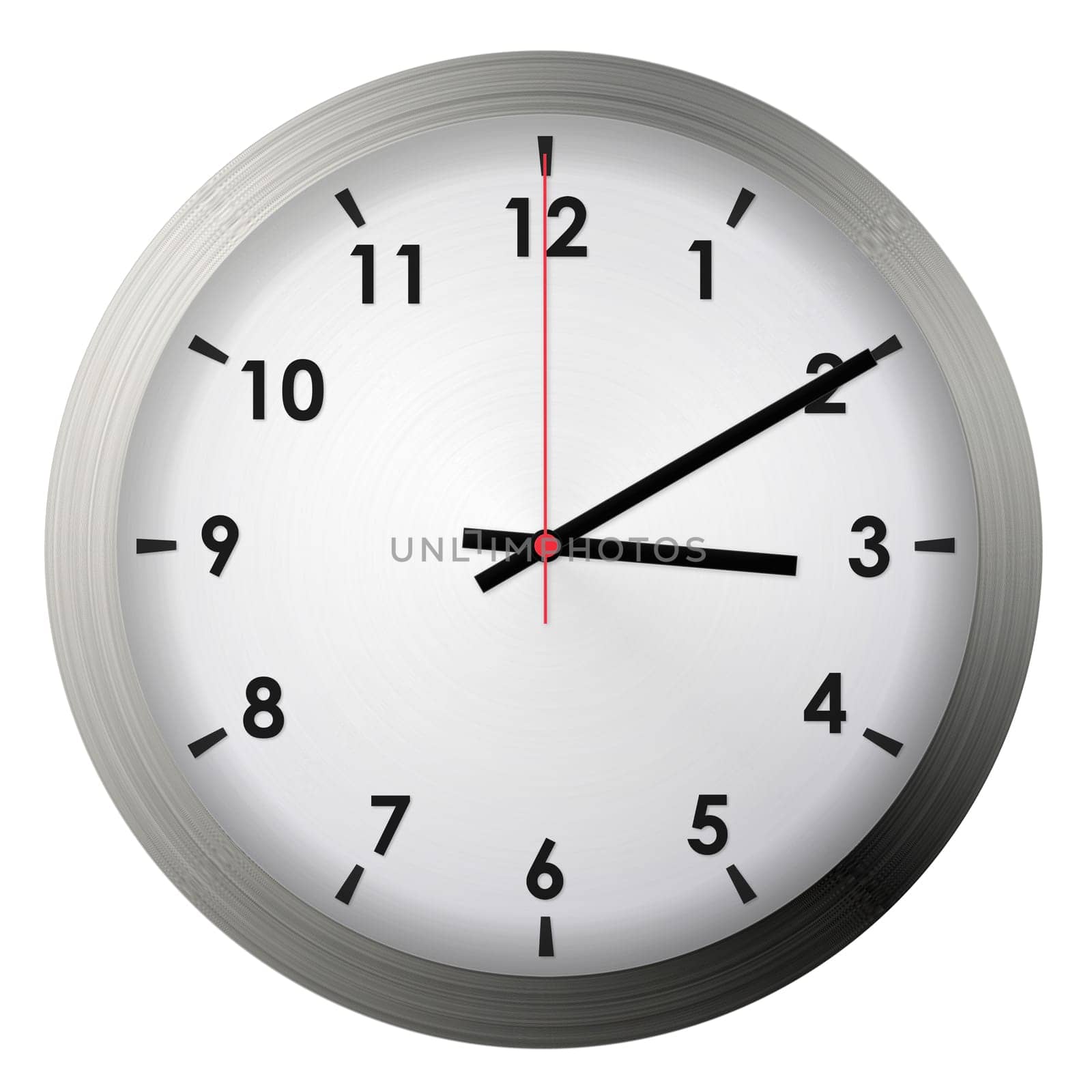 Analog metal wall clock isolated on white background.