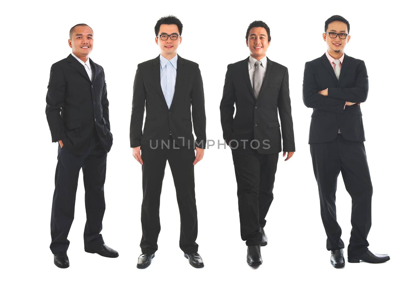 Full length Asian business man standing isolated on white background.