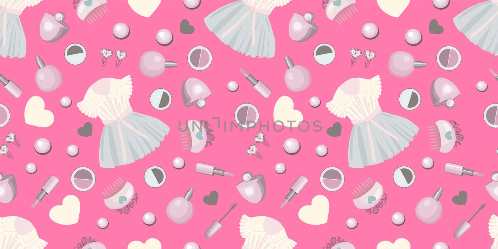 For princess. Seamless pattern with dress, cosmetics and accessories for girls, hairpins. Perfect design for fabric and textile, wrapping paper and wallpaper for walls. Vector pattern.