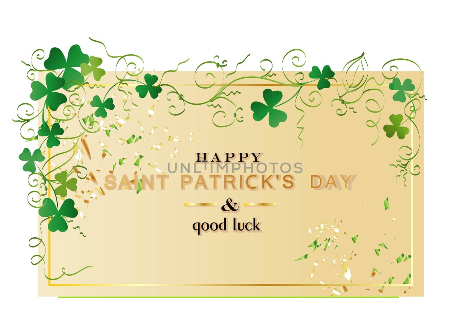 St.Patrick 's Day. Background design March 17, Twigs and curls of clover and shamrock. Horizontal poster, postcard, website headers.