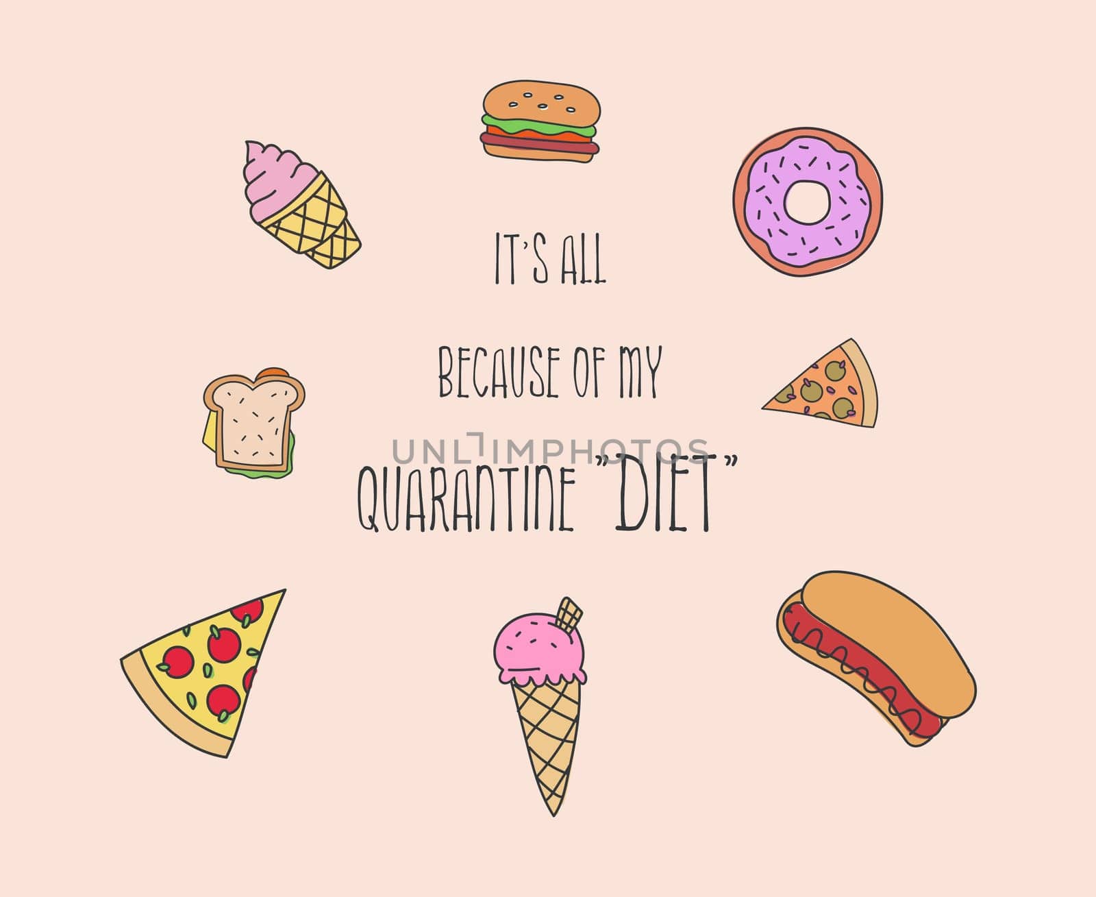 It's all because of my quarantine "diet"". Funny excuse quote, fast food set, droll text art cartoon illustration. Home isolation high calorie nutrition, pizza, burger, hot-dog, donut or ice-cream."
