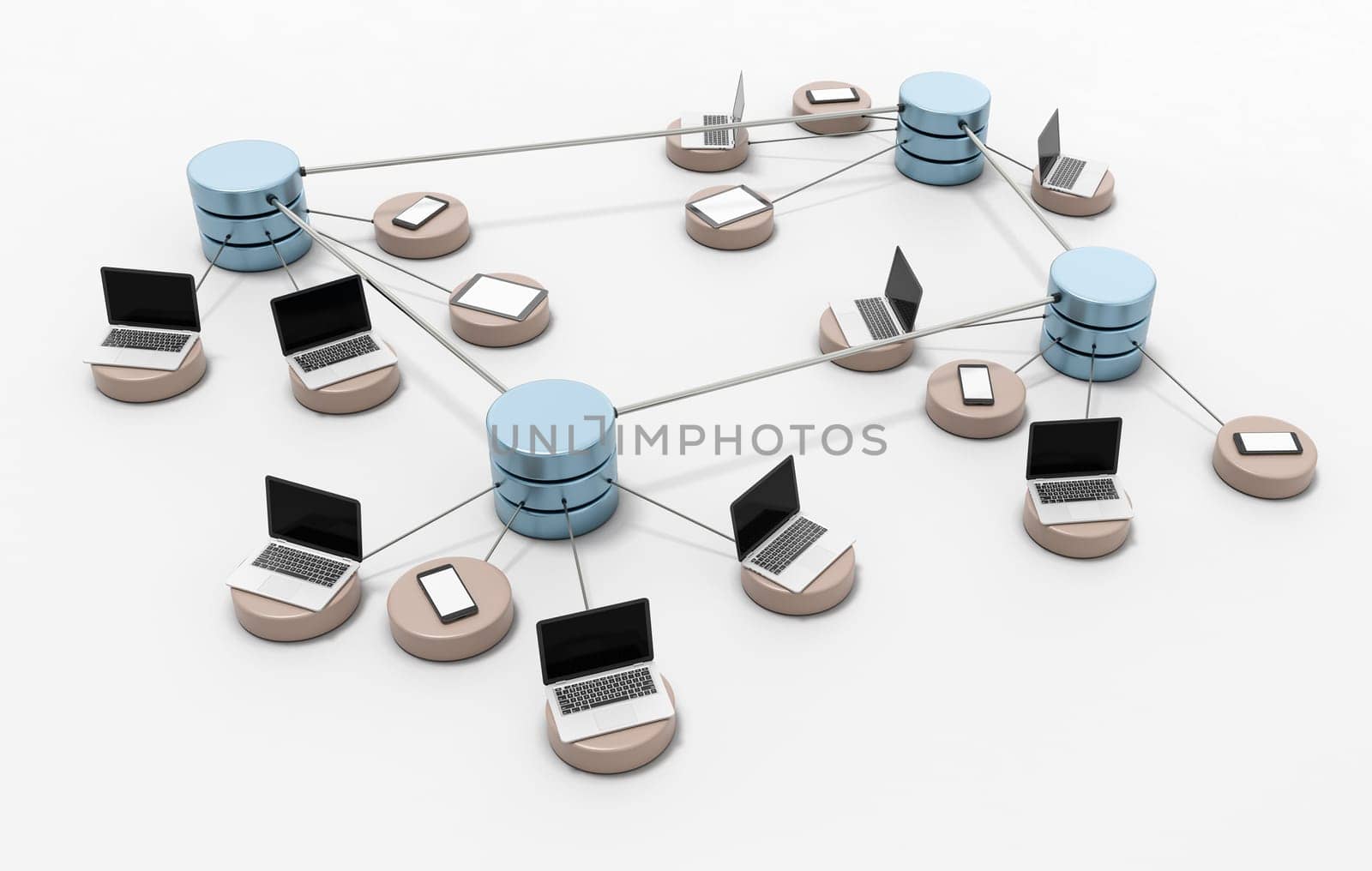Laptop Computers, Mobile Phone and Tablet PC Connected Together 3D Illustration, Computer Network Concept