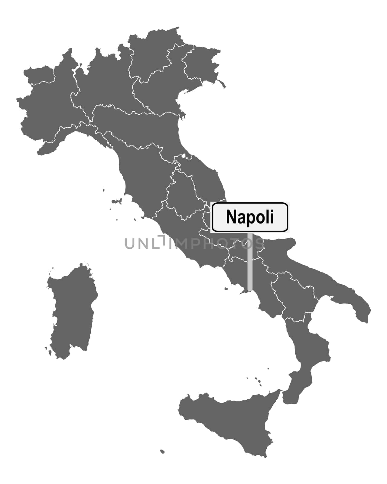 Landkarte von Italien mit Ortsschild von Napoli