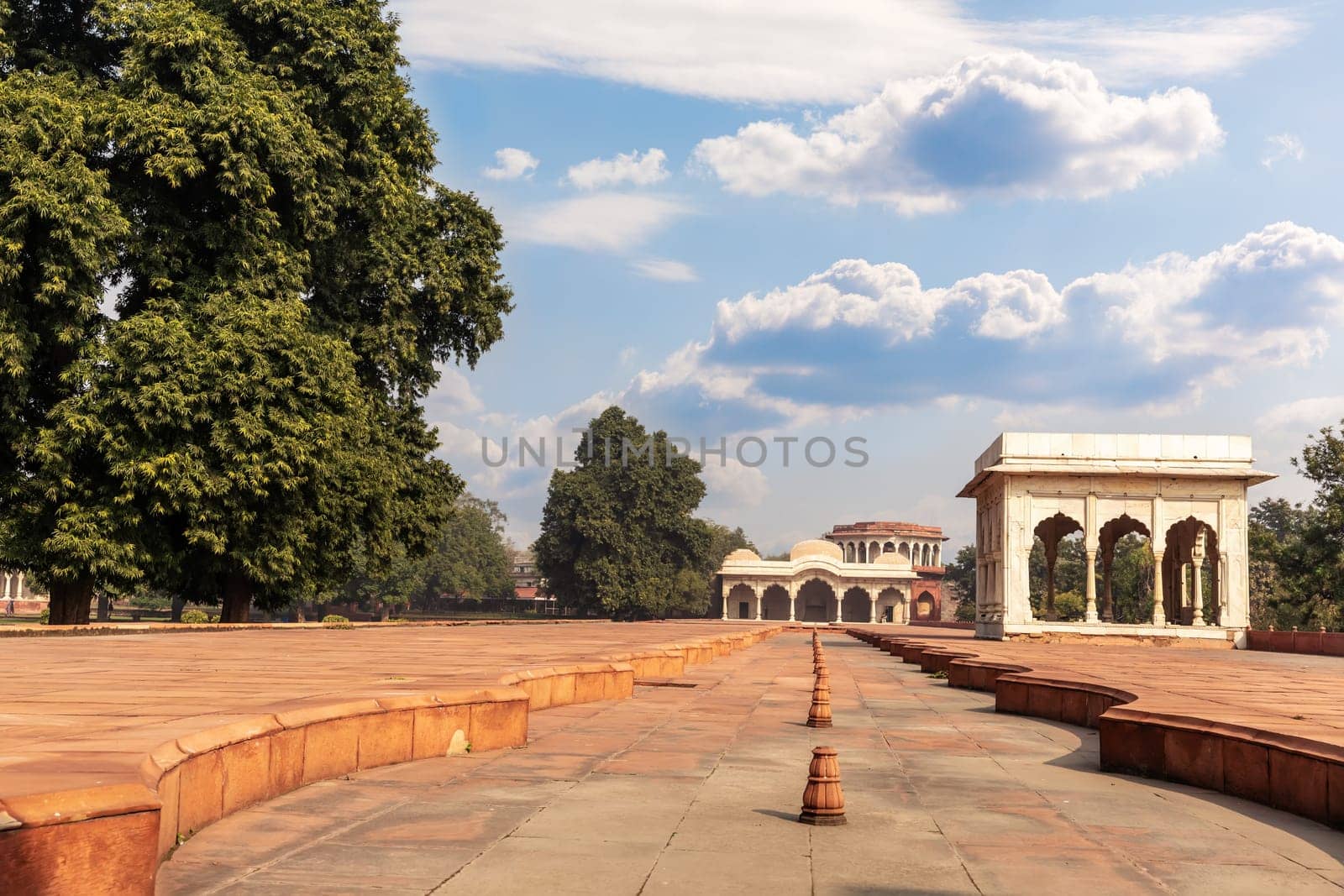 Red Fort Delhi inner courtyard, India, sunny day view.