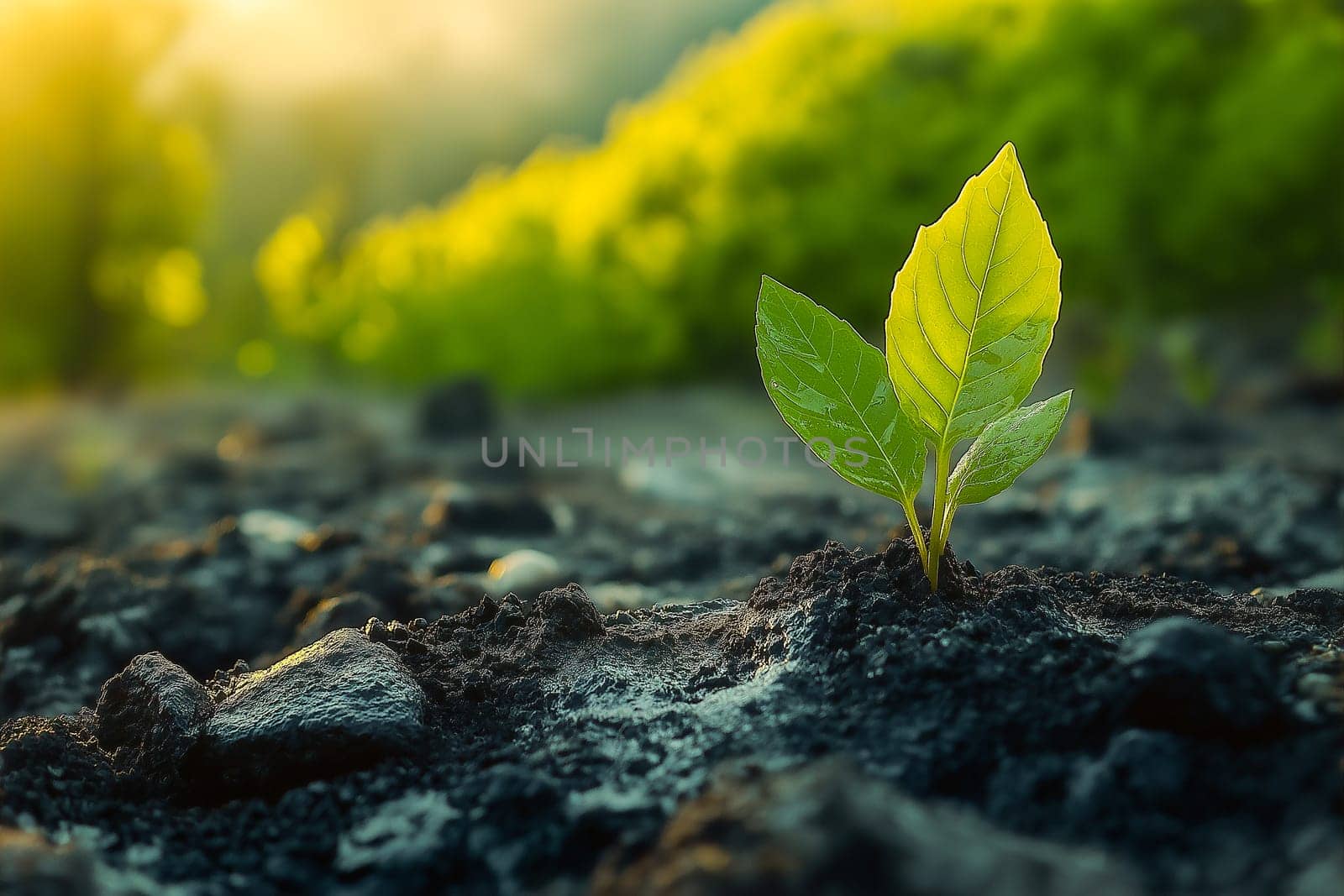 A tiny sprout pushes through the dark soil, symbolizing new life and growth. Nature's resilience.