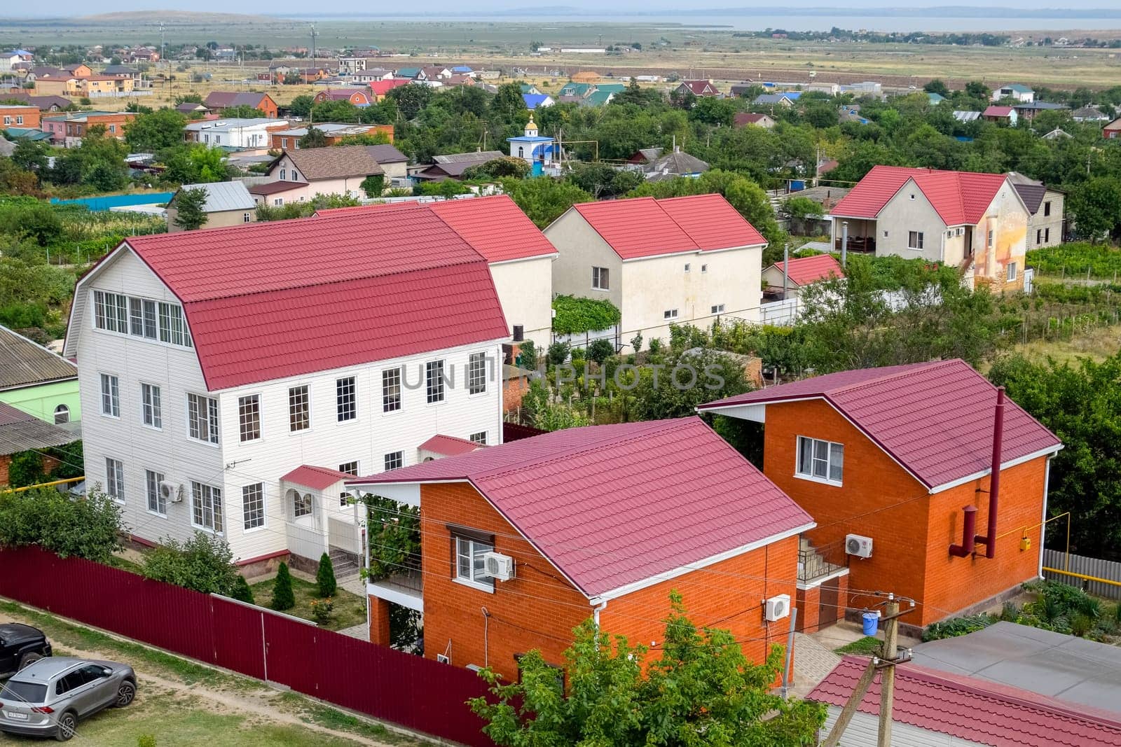 Za Rodinu, Russia - July 25, 2019: The village for the homeland. Top view of the village in the Krasnodar Territory of Russia.