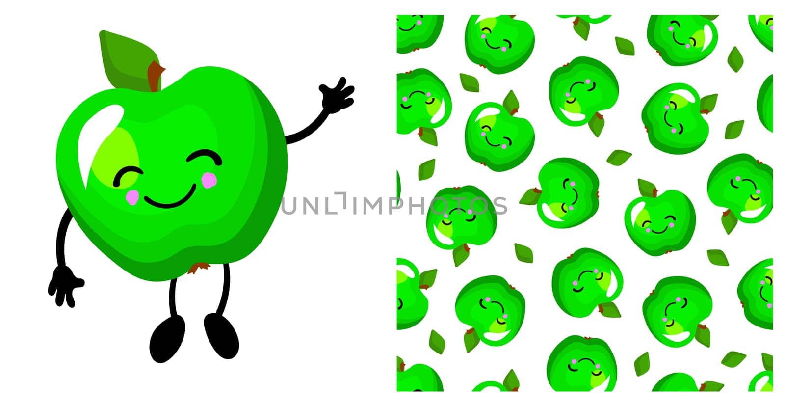 Green apple character. Cute funny apple. Fruit seamless vector pattern. Bright colors.