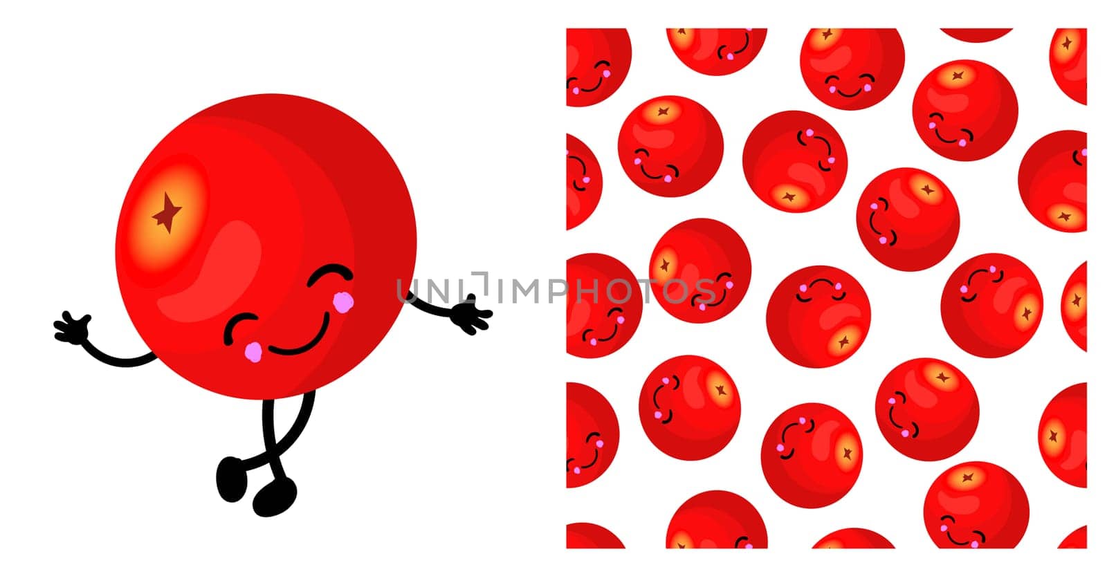 CRANBERRY character. Cute funny yellow berry. Berry seamless vector pattern. Bright colors.