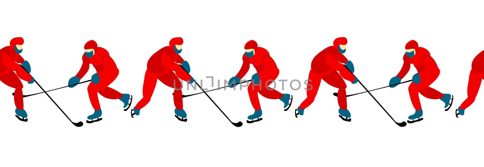 HOCKEY SCHOOL. People play hockey. Winter sports. Skates and clubs. Seamless border vector illustration.