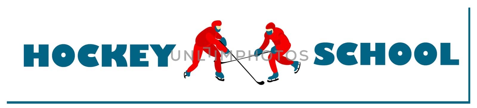 School of ice hockey. Masked men and hockey sticks play hockey. Horizontal banner for a sports club.