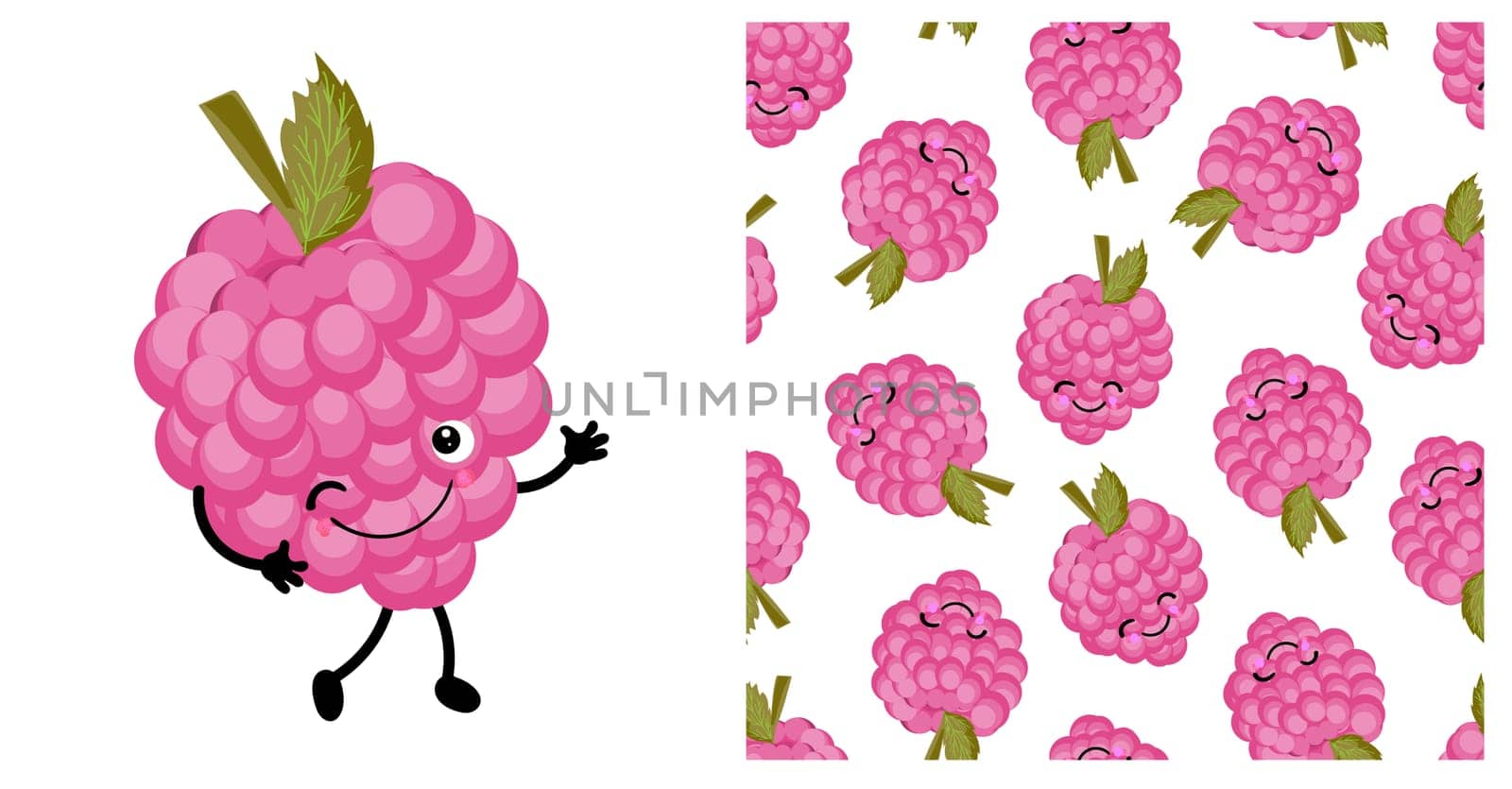 Raspberry character. Cute funny berry. Berry seamless vector pattern. Bright colors.