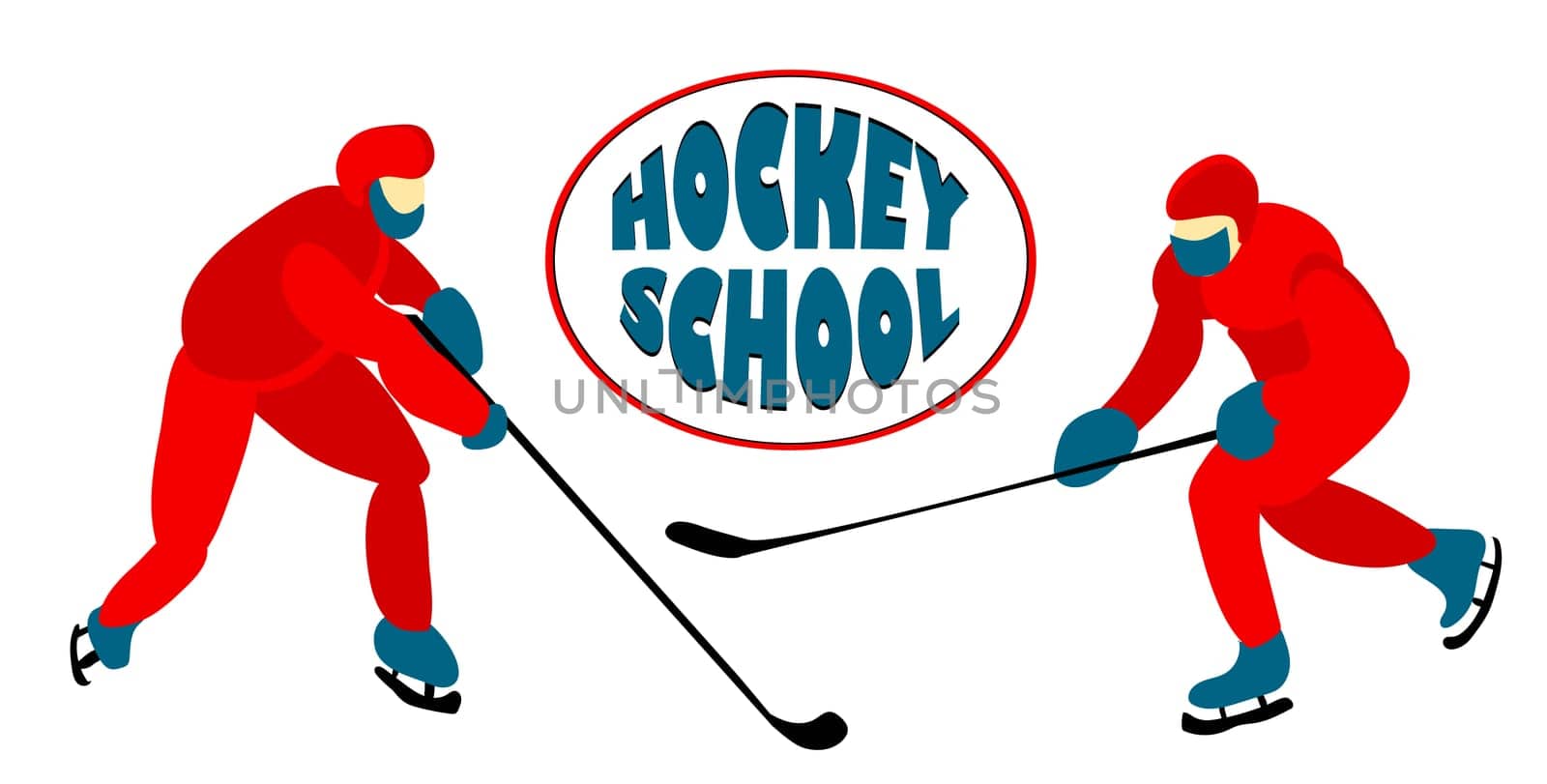 Hockey players play on the ice. Winter sports. Red helmets. Vector illustration.