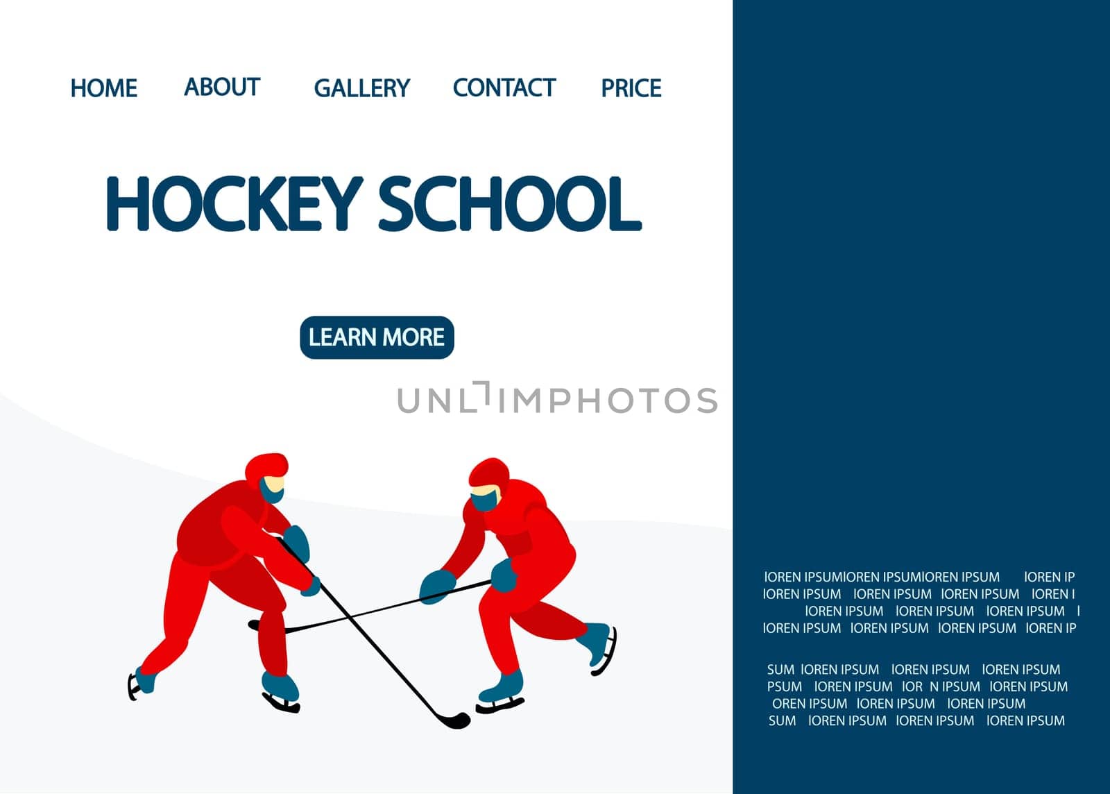 Landing page for the hockey school. Hockey players in uniforms are playing.