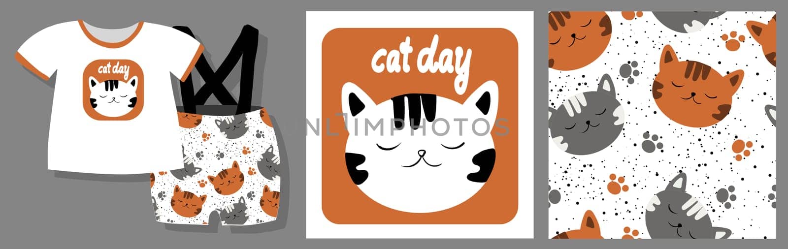 Funny print for baby clothes. Cute pattern with cats. T-shirt design. Vector illustration.Ready design kit.