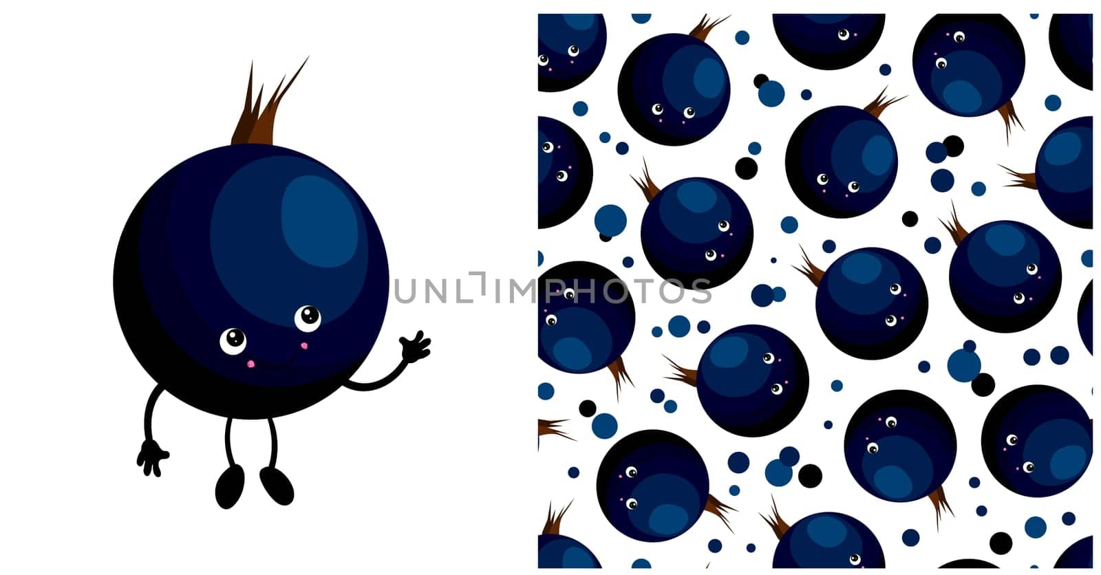 Black currant isolated on a white background. Cute funny character berry. Seamless berry pattern. Vector illustration.
