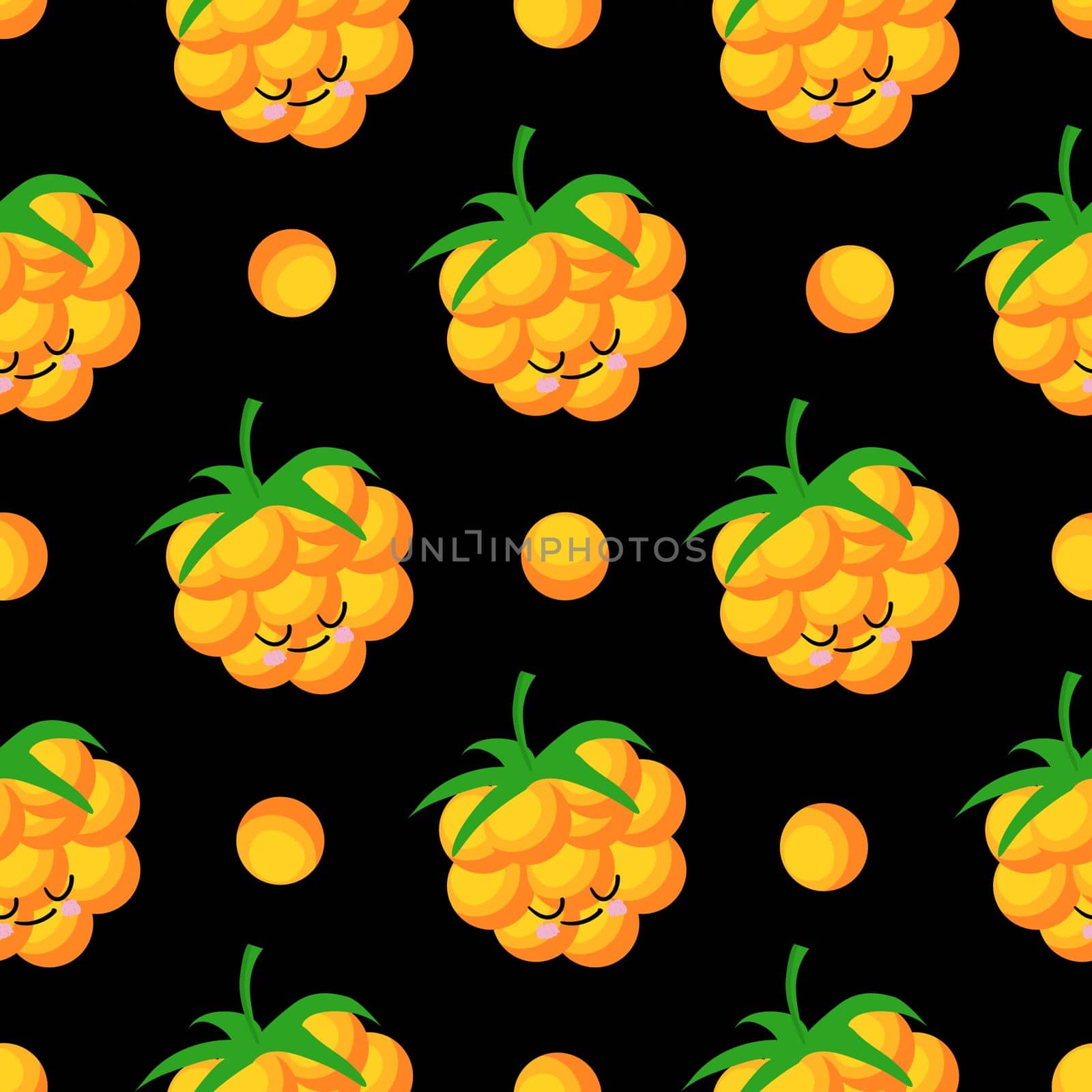 Funny print for baby clothes. Cute pattern with berries. Cloudberry. Vector illustration. Berry character.