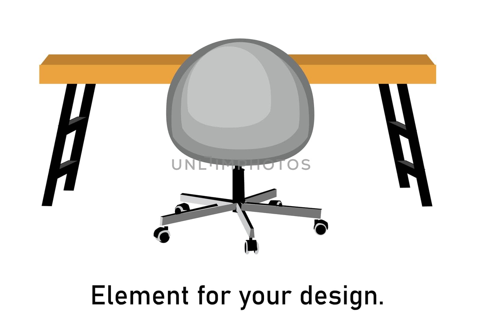 Interior items isolated on a white background. Wooden table on a metal base, Modern wheelchair. Vector illustration.